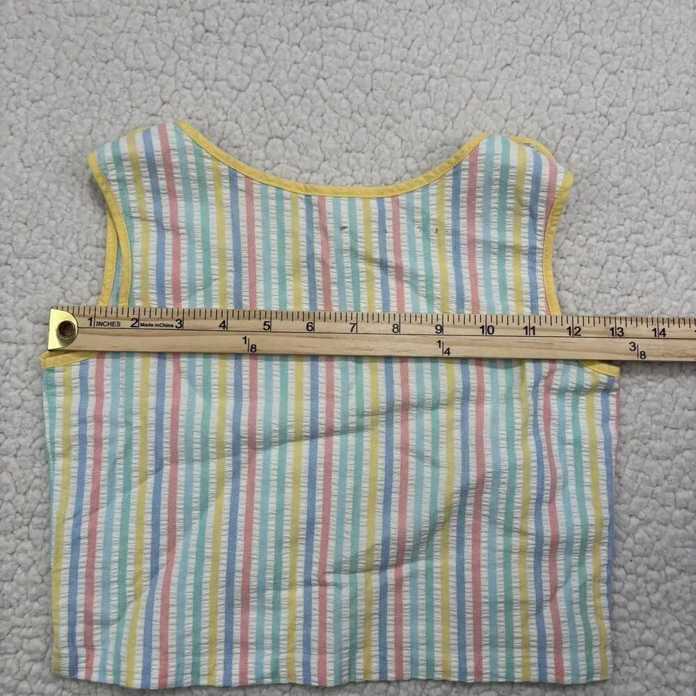 Vintage Seersucker Tank Top‎ Girls Size 6X Rainbow Stripe Button Strap Crop Top